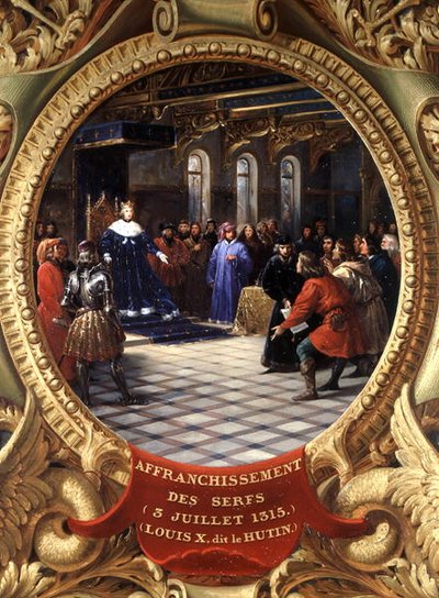 Ludwig X. (1289-1316) der Eigensinnige, König von Navarra, befreit die Leibeigenen, 3. Juli 1315 von Jean Alaux