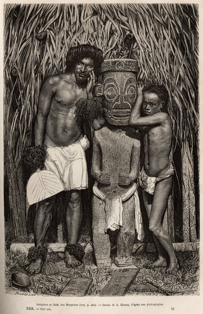 Ein Bewohner der Insel Hiva-Oa und sein Sohn, umgeben von einem geschnitzten Holzidol, das den Gott Tiki darstellt, im Archipel der Marquesas-Inseln, graviert nach einer Zeichnung von A. Rixens zur Illustration der Erinnerungen an den Pazifik, 1872-1874, v von Jean Andre Rixens