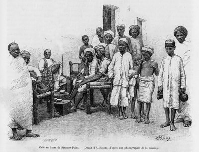 Café am Steamer Point Bazaar, Aden, Jemen. Gravur von A. Rixens zur Illustration der Geschichte „A Suse, journal des excavilles“. von Jean Andre Rixens