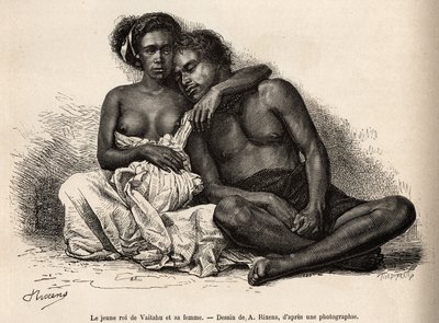 Der junge König von Vaitatu, auf der Insel Tauata, im Archipel der Marquesas-Inseln, umarmt seine Frau, graviert nach einer Zeichnung von A. Rixens zur Illustration der Erinnerungen an den Pazifik, 1872-1874, von A. Pailhes, einem Schiffsoffizier von Jean Andre Rixens