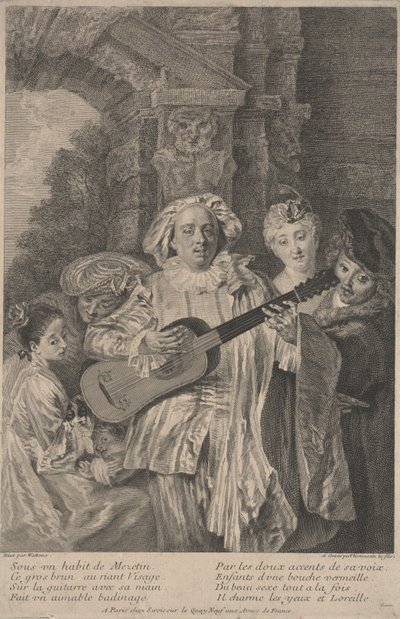 Im Kostüm von Mezetin, Druck von Henri Simon Thomassin c.1717-1726 von Jean Antoine (after) Watteau