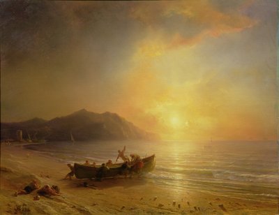 Eine Küstenlandschaft mit arabischen Fischern, die bei Sonnenuntergang ein Boot zu Wasser lassen von Jean Antoine Theodore Gudin