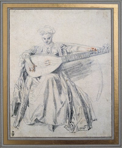 Ein Lautenspieler. Zeichnung mit Bleistift und Blut von Jean Antoine Watteau (1684-1721). 18. Jahrhundert. Chantilly, Musée Condé von Jean Antoine Watteau