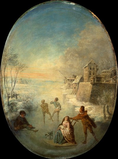 Edelleute auf dem Eis bei einer ummauerten Stadt im Winter von Jean Antoine Watteau