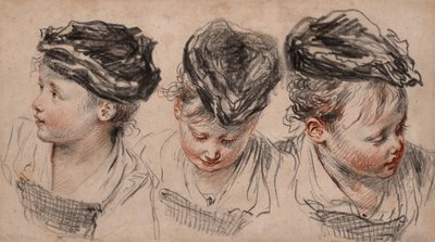 Drei Kopfstudien eines Mädchens mit Hut von Jean Antoine Watteau