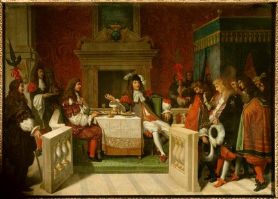 Ludwig XIV. und Molière: König Ludwig XIV. (1638-1715) und Jean Baptiste Poquelin genannt Molière (1622-1673) am Tisch vor den Höflingen von Jean Auguste Dominique Ingres