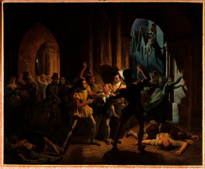 Maximilian von Béthune entkommt dem Massaker von Saint Barthelemy. Maximilian von Béthune (der spätere Herzog von Sully 1559-1641), aufgezogen am Kollegium von Burgund in Paris, wurde von Heinrich von Navarra (1553-1610) gerettet und wurde sein Begleiter von Jean Auguste Dubouloz