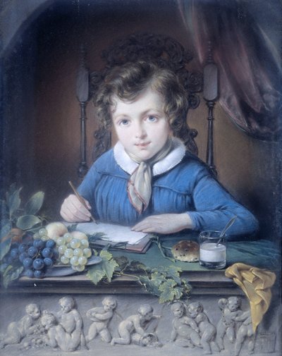 Porträt eines Jungen, sitzend in einer Fensternische und gekleidet in einer blauen Jacke von Jean Augustin Daiwaille (attributed to)