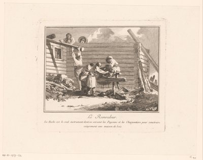 Figuren bei einem Scherenschleifer vor einem im Bau befindlichen Holzhaus von Jean Baptist Leprince