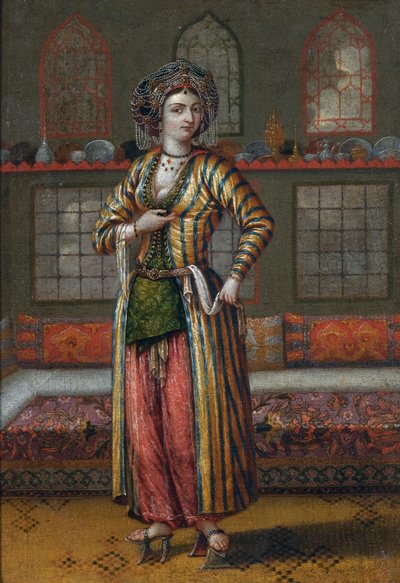 Porträt einer adligen Dame aus Konstantinopel mit Hammamschuhen von Jean Baptiste (circle of) Vanmour