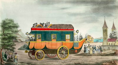 Das Auto (oder die Postkutsche) mit Dampf: Französische Erfindung von 1835. Gravur von Ange Tissier (1814-1876). 1835. Private Sammlung von Jean Baptiste Ange Tissier
