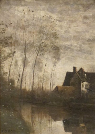 Eine Flussszene mit Häusern und Pappeln von Jean Baptiste Camille Corot