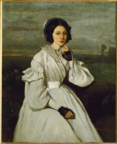 Mädchen im weißen Kleid in einer Landschaft von Jean Baptiste Camille Corot