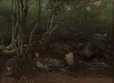 Lormes: Ziegenmädchen sitzt neben einem Bach im Wald von Jean Baptiste Camille Corot