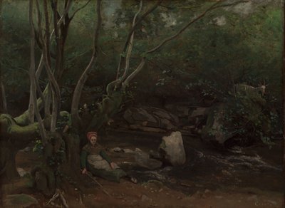 Lormes: Ziegenmädchen sitzt neben einem Bach im Wald von Jean Baptiste Camille Corot
