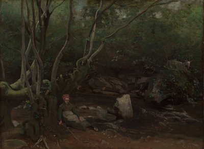 Lormes: Ziegenmädchen sitzt neben einem Bach im Wald von Jean Baptiste Camille Corot