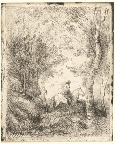 Der Reiter im Wald, große Platte von Jean Baptiste Camille Corot