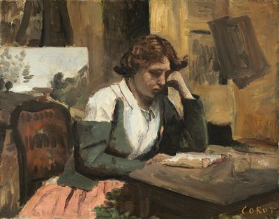 Frau, die im Atelier liest von Jean Baptiste Camille Corot