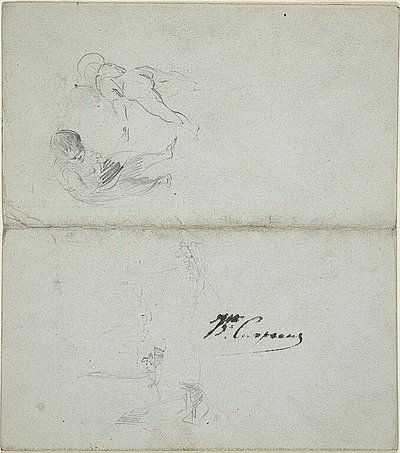Skizzen von zwei Kindern, Boote auf See (recto); Skizzen einer schreitenden männlichen Figur mit Stab und Küstenszene (verso) von Jean Baptiste Carpeaux
