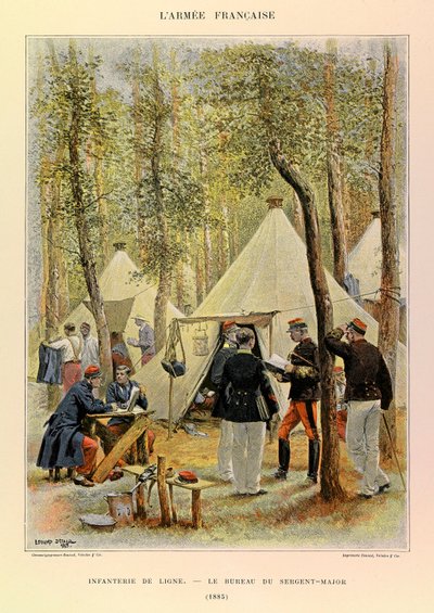 Typen und Uniformen der französischen Armee von Hauptmann Jules Richard, illustriert von Edouard Detaille (1848-1912): Linieninfanterie: Das Büro des Feldwebels im Jahr 1885, Privatbesitz von Jean Baptiste Edouard Detaille