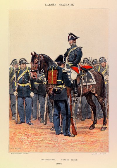 Typen und Uniformen der französischen Armee von Hauptmann Jules Richard, illustriert von Edouard Detaille: Gendarmerie in großer Uniform 1887, Teilweise Sammlung von Jean Baptiste Edouard Detaille