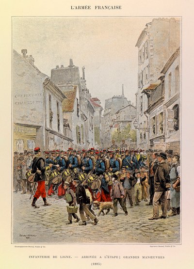 Typen und Uniformen der französischen Armee von Hauptmann Jules Richard, illustriert von Edouard Detaille: Linieninfanterie: Ankunft auf der Bühne während der großen Manöver 1885, Private Sammlung von Jean Baptiste Edouard Detaille
