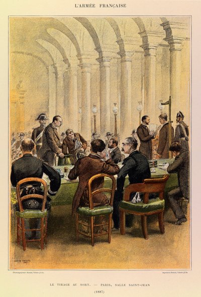 Typen und Uniformen der französischen Armee von Kapitän Jules Richard, illustriert von Edouard Detaille: Die Auslosung in Paris, Salle Saint Jean 1887, Privatbesitz von Jean Baptiste Edouard Detaille