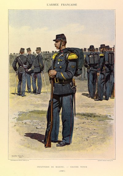 Typen und Uniformen der französischen Armee von Hauptmann Jules Richard, illustriert von Edouard Detaille (1848-1912): Marineinfanterie in großer Uniform im Jahr 1887, Privatbesitz von Jean Baptiste Edouard Detaille