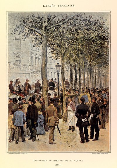 Typen und Uniformen der französischen Armee von Hauptmann Jules Richard, illustriert von Edouard Detaille (1848-1912): Stab des Kriegsministers im Jahr 1884, Privatbesitz von Jean Baptiste Edouard Detaille