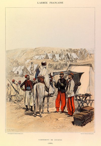 Typen und Uniformen der französischen Armee von Hauptmann Jules Richard, illustriert von Edouard Detaille (1848-1912): Lager der Zouaven im Jahr 1886, Privatbesitz von Jean Baptiste Edouard Detaille