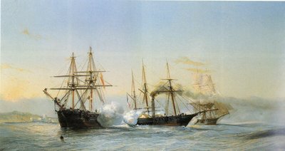 Seeschlacht vor der marokkanischen Küste zwischen zwei marokkanischen Briggs und einer französischen Raddampferkorvette anlässlich der Bombardierung von Mogador durch das französische Geschwader 1844 von Jean Baptiste Henri Durand Brager