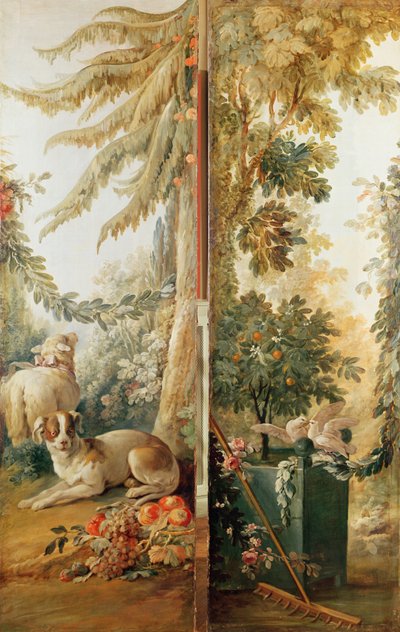 Salon des Druckers Gilles Demarteau, zwei Tafeln 1. Hund und Schaf 2. gepflanzter Orangenbaum mit pickenden Tauben von Jean Baptiste Huet