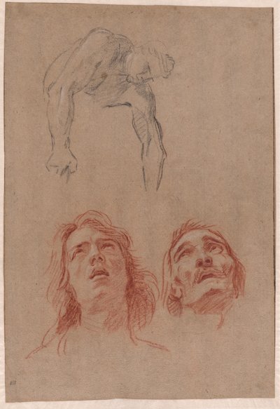 Mann, der sich nach unten beugt und zwei Studien von Köpfen (recto) von Jean Baptiste Jouvenet