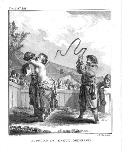 Bestrafung von Natalia Fyodorovna Lopukhina mit einem gewöhnlichen Knout. Aus Voyage en Sibérie, 1766 von Jean Baptiste Le Prince