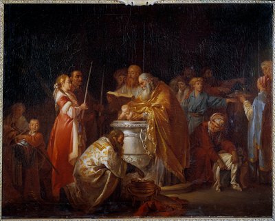 Russische Taufe Ein orthodoxer Priester tauft ein Kind vor seinen Eltern. Gemälde von Jean Baptiste Leprince (1733-1781) 1765 von Jean Baptiste Leprince