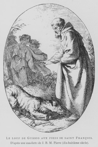 Der Wolf von Gubbio zu Füßen von St. Franziskus von Assisi (Lithografie) von Jean Baptiste Marie (after) Pierre