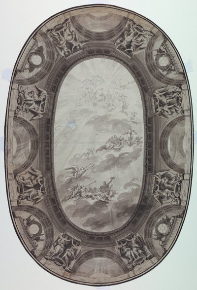 Zeichnung, Entwurf für die bemalte Dekoration der Decke eines Saals (Bemalte Ovale Decke), 1761 von Jean Baptiste Marie Pierre