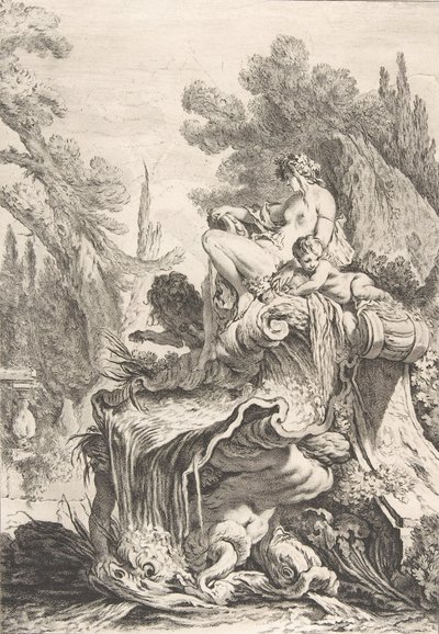 Die sitzende Nymphe Une fontaine avec une naïade assise sur une conque, ca. 1740 von Jean Baptiste Marie Pierre