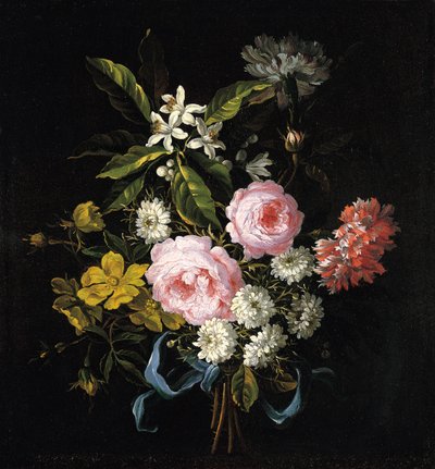Blumenstrauß aus Kamille, Rosen, Orangenblüten und Nelken, mit einem blauen Band gebunden von Jean Baptiste Monnoyer