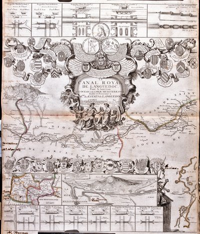 Karte des Canal du Midi mit seinen Aquädukten von Jean Baptiste Nolin