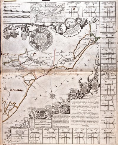 Karte des Canal du Midi, mit seinen Aquädukten von Jean Baptiste Nolin