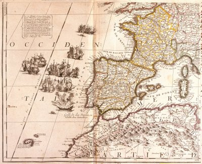 Karte der westlichen Mittelmeerländer: Frankreich, Spanien, Portugal und Nordafrika (Marokko, Algerien, Tunesien), mit den Balearen, Korsika und Sardinien von Jean Baptiste Nolin