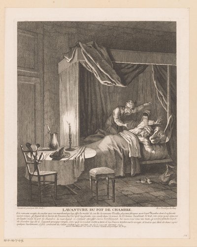 Mann erschrickt durch Nachttopf, der über ihn geleert wird Szenen aus dem Roman Comique von Scarron (Serientitel) von Jean Baptiste Oudry