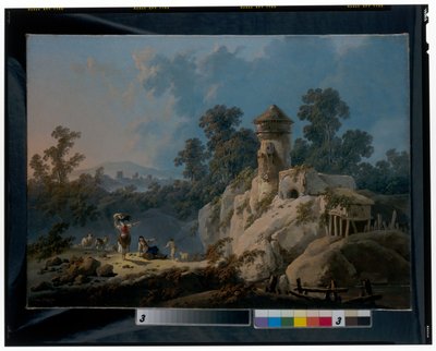 Weite Landschaft mit Hirten, die mit ihren Herden unter einem Turm rasten von Jean Baptiste Pillement