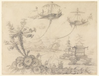 Zeichnung, Chinoiserie-Fantasie, 1770–1790 von Jean Baptiste Pillement