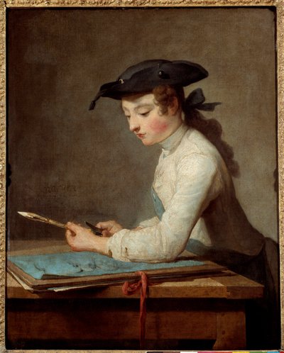 Junger Zeichner, der seinen Bleistift schnitzt. von Jean Baptiste Simeon Chardin