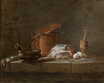 Lauch, ein Topf mit Tuch, ein Kupfertopf mit Deckel, eine Zwiebel und Eier mit einem Mörser und Stößel auf einem Steinsims von Jean Baptiste Simeon Chardin