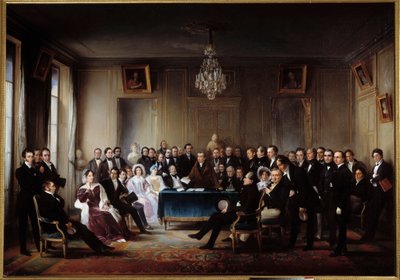 Der Dichter und Dramatiker François Guillaume Andrieux liest seine Tragödie Junius Brutus im Foyer der Comédie Française am 26.05.1828. Unter den Anwesenden Alexandre Dumas, Pierre Nicolas Michelot, Jean François Becquerel, Firmin, Victor Hugo, Eugène von Jean Beraud