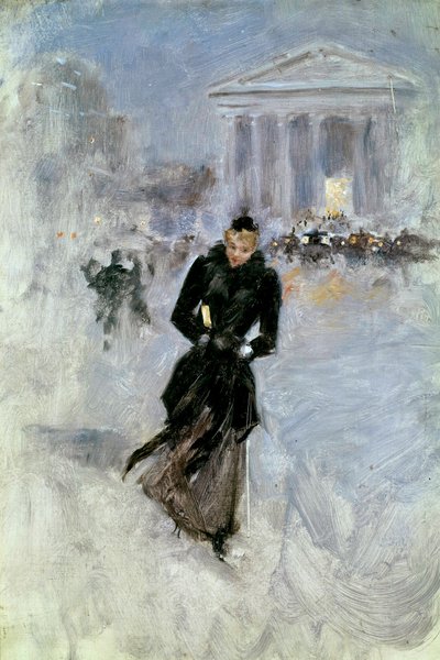 Junge elegante Frau mit Boa in der Rue Royale in Paris. Gemälde von Jean Béraud. Tours, Musée des Beaux Arts von Jean Beraud