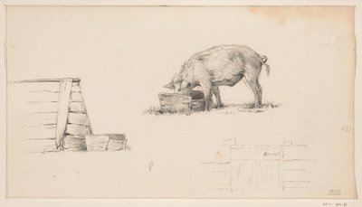 Schwein, ein Stall und eine Skizze eines Zauns von Jean Bernard